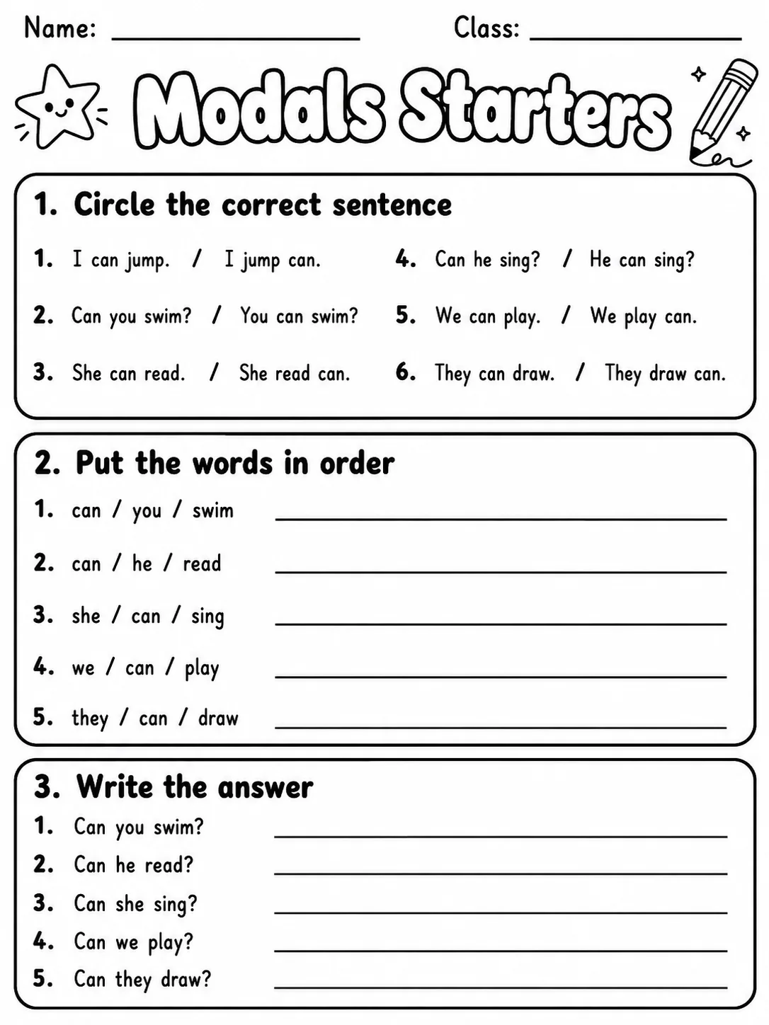 Modals Starters Vocabulary Worksheet Pack page 6 printable worksheet preview