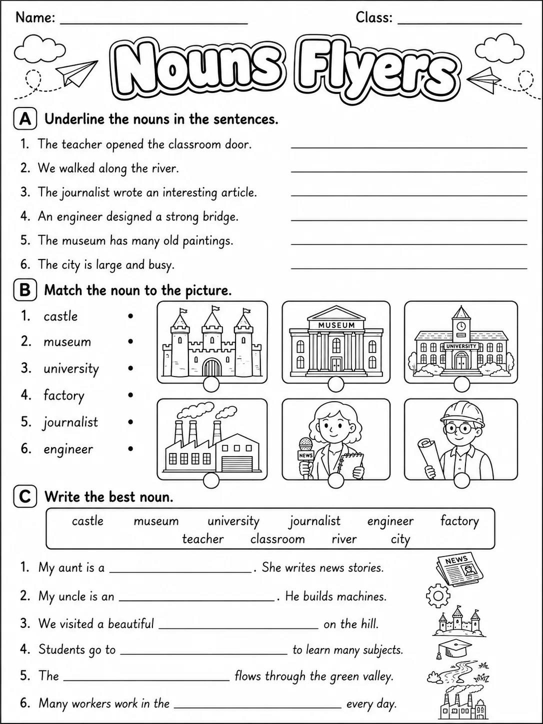 Nouns Flyers Vocabulary Worksheet Pack page 3 printable worksheet preview