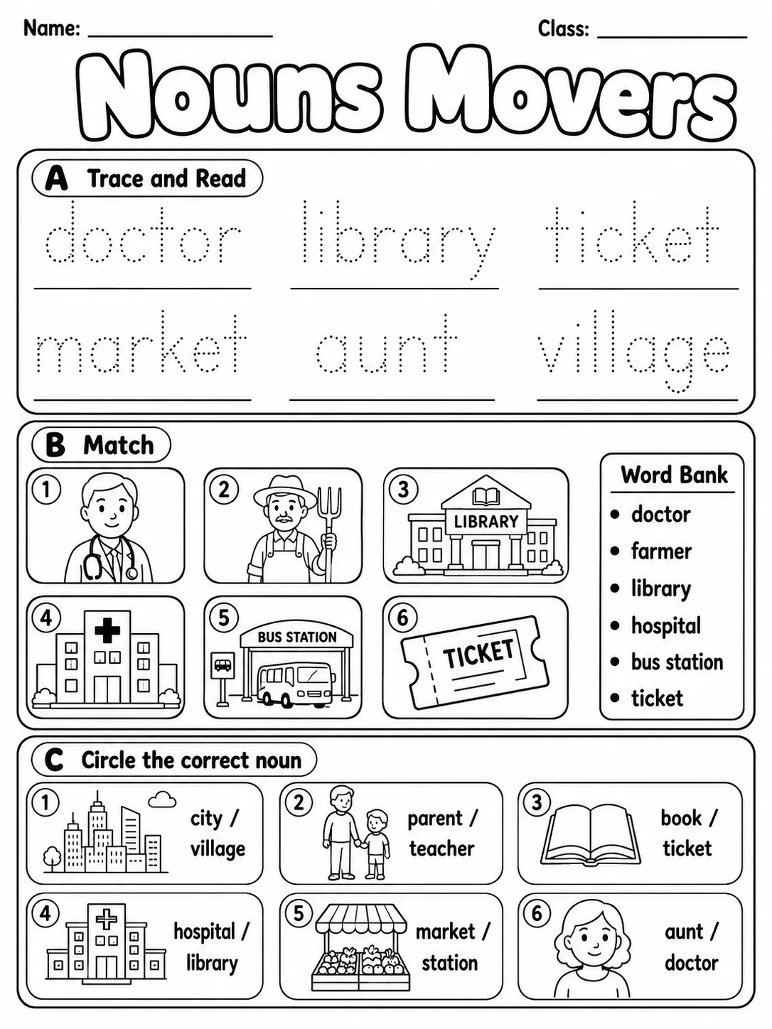Nouns Movers Vocabulary Worksheet Pack printable Movers English worksheet bundle preview from KiwiBee