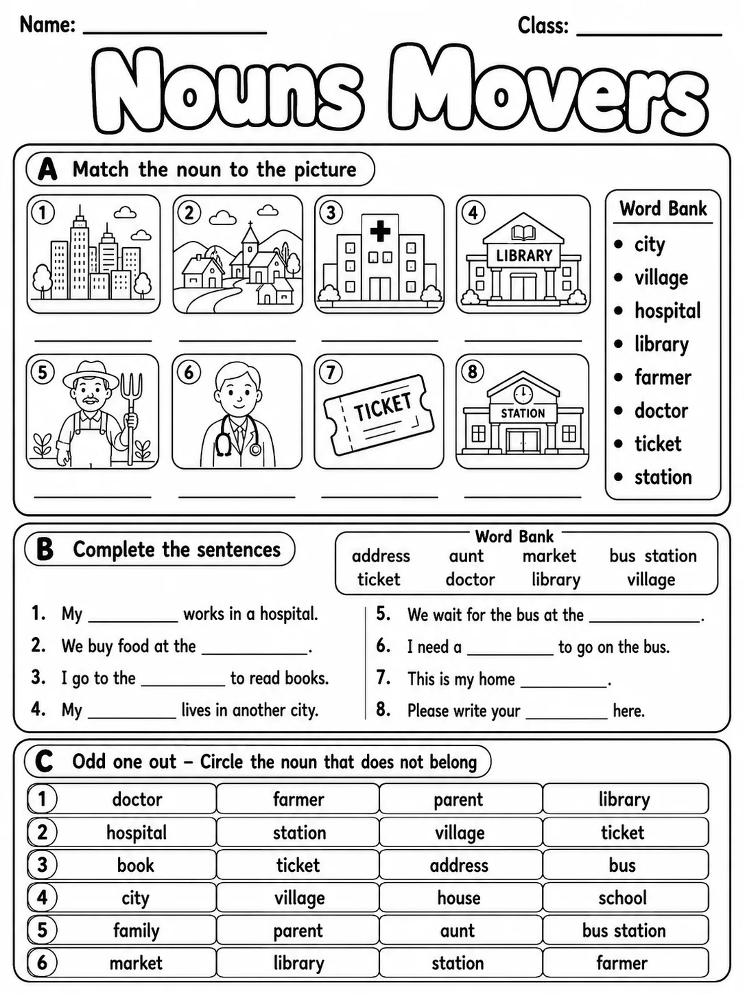 Nouns Movers Vocabulary Worksheet Pack page 3 printable worksheet preview