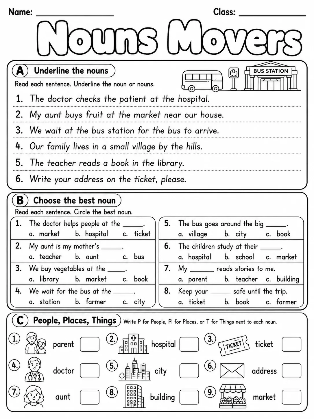 Nouns Movers Vocabulary Worksheet Pack page 4 printable worksheet preview