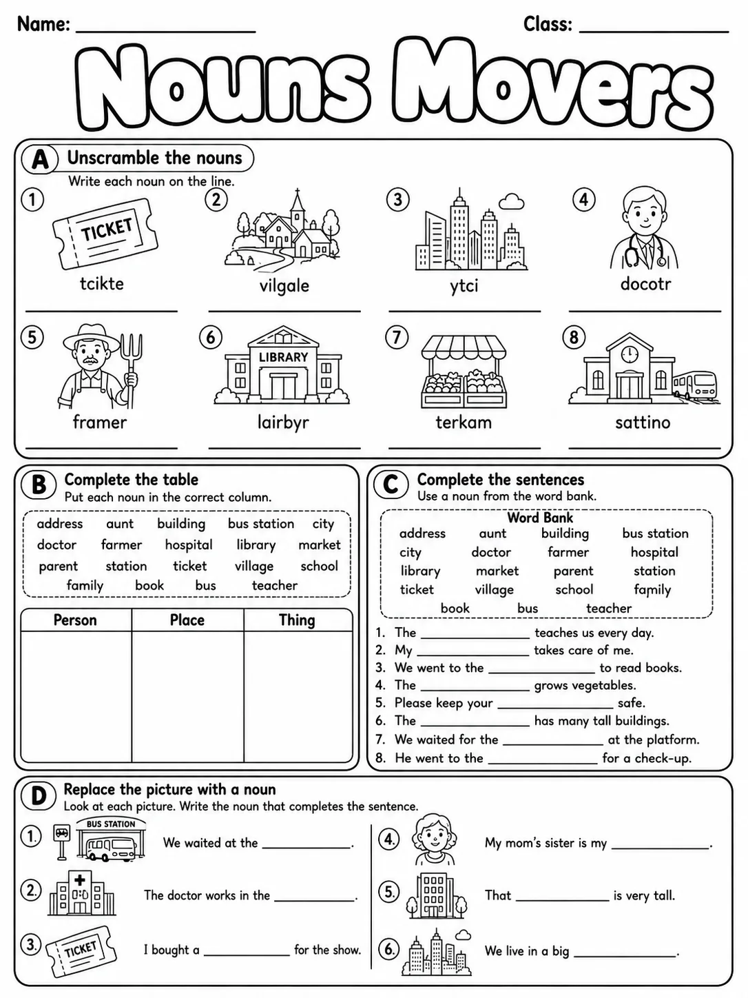Nouns Movers Vocabulary Worksheet Pack page 7 printable worksheet preview