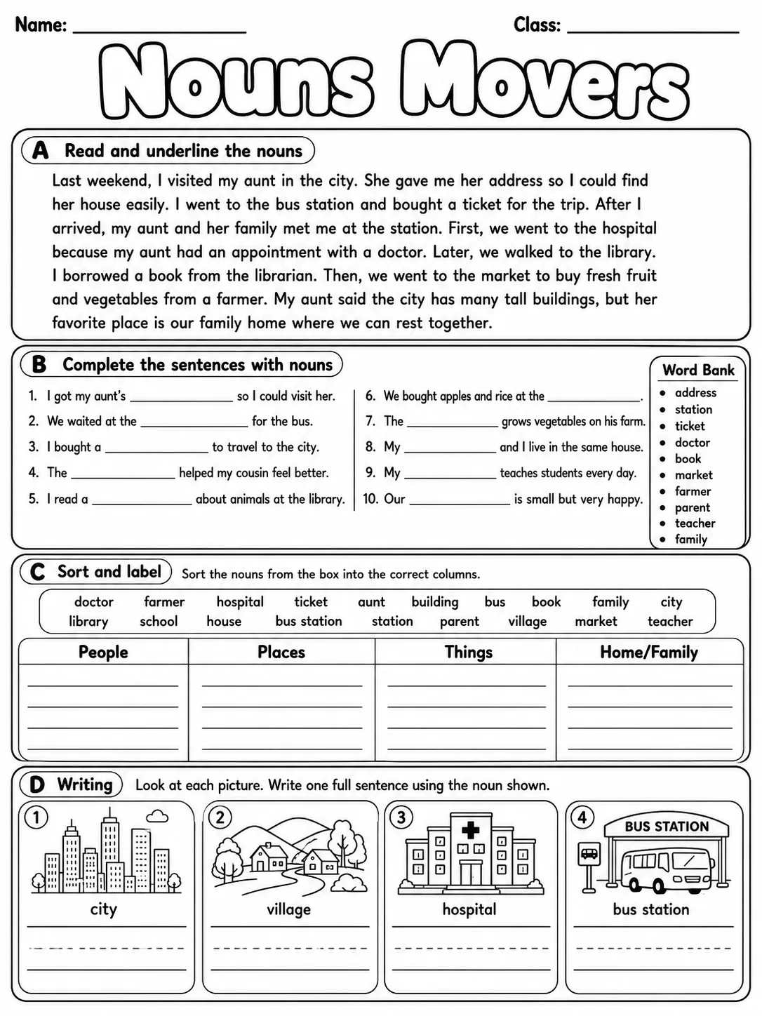 Nouns Movers Vocabulary Worksheet Pack page 10 printable worksheet preview