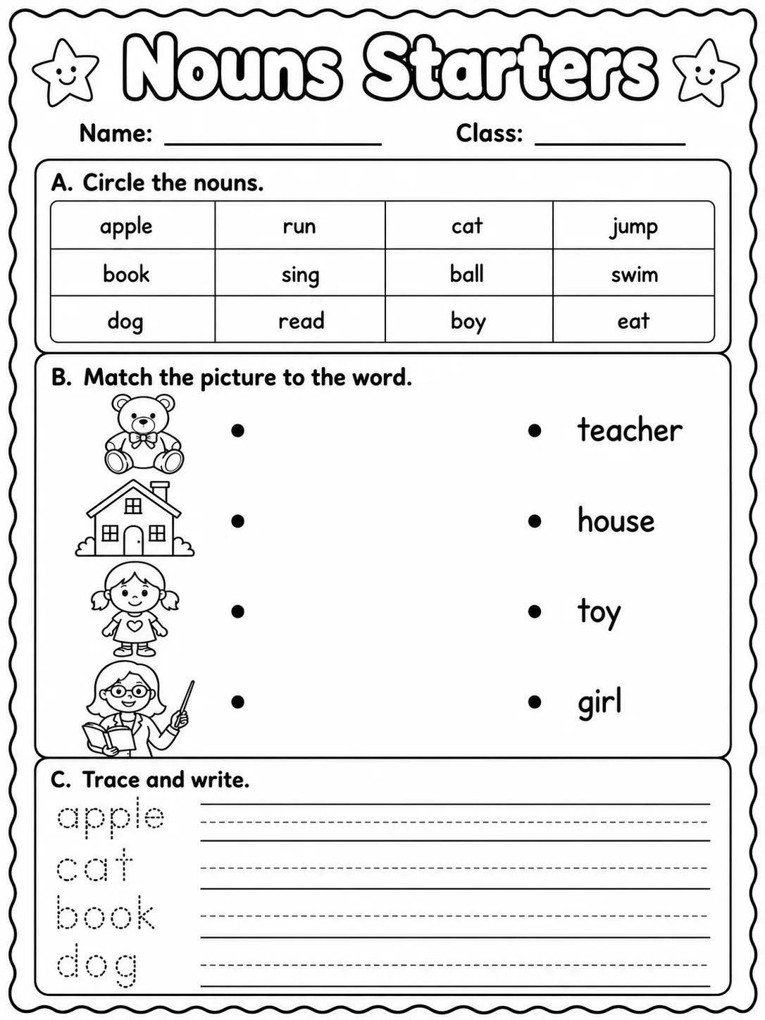 Nouns Starters Vocabulary Worksheet Pack printable Starters English worksheet bundle preview from KiwiBee