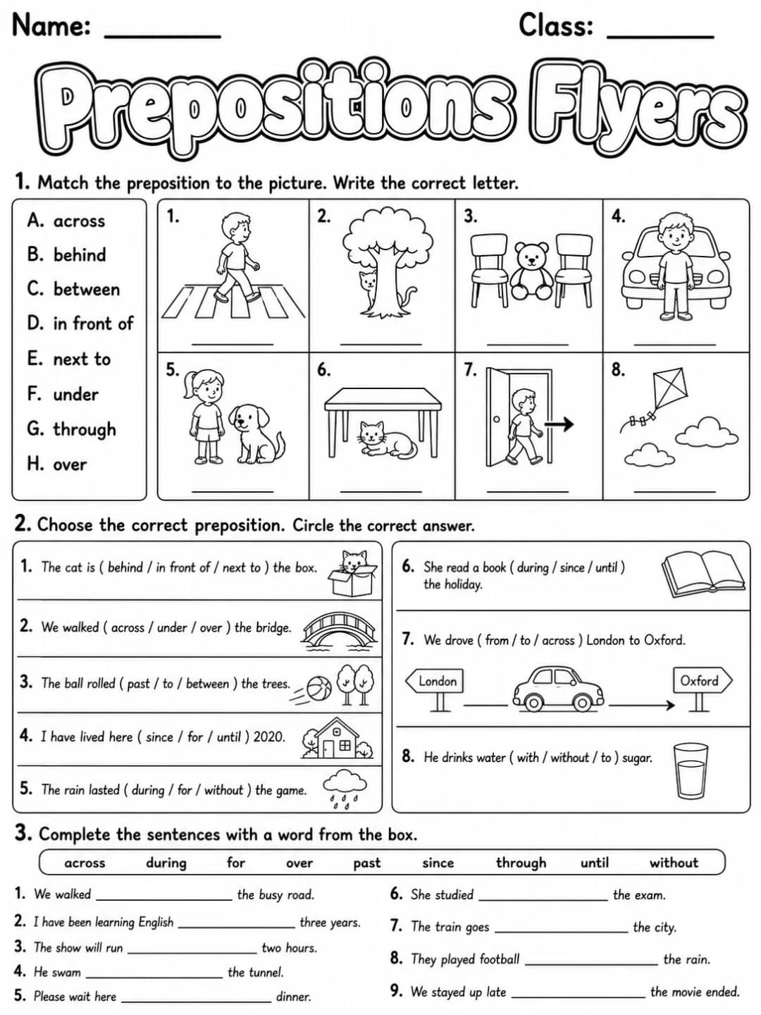 Prepositions Flyers Vocabulary Worksheet Pack printable Flyers English worksheet pack preview from KiwiBee
