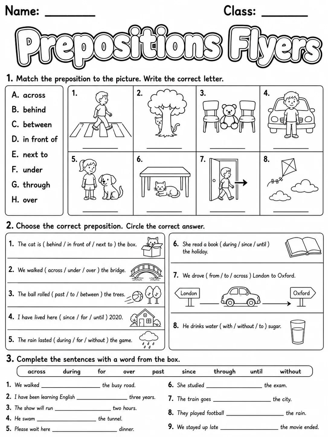 Prepositions Flyers Vocabulary Worksheet Pack printable Flyers English worksheet bundle preview from KiwiBee