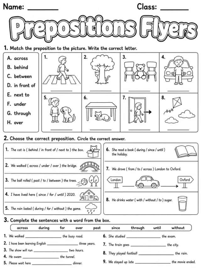 Prepositions Flyers Vocabulary Worksheet Pack
