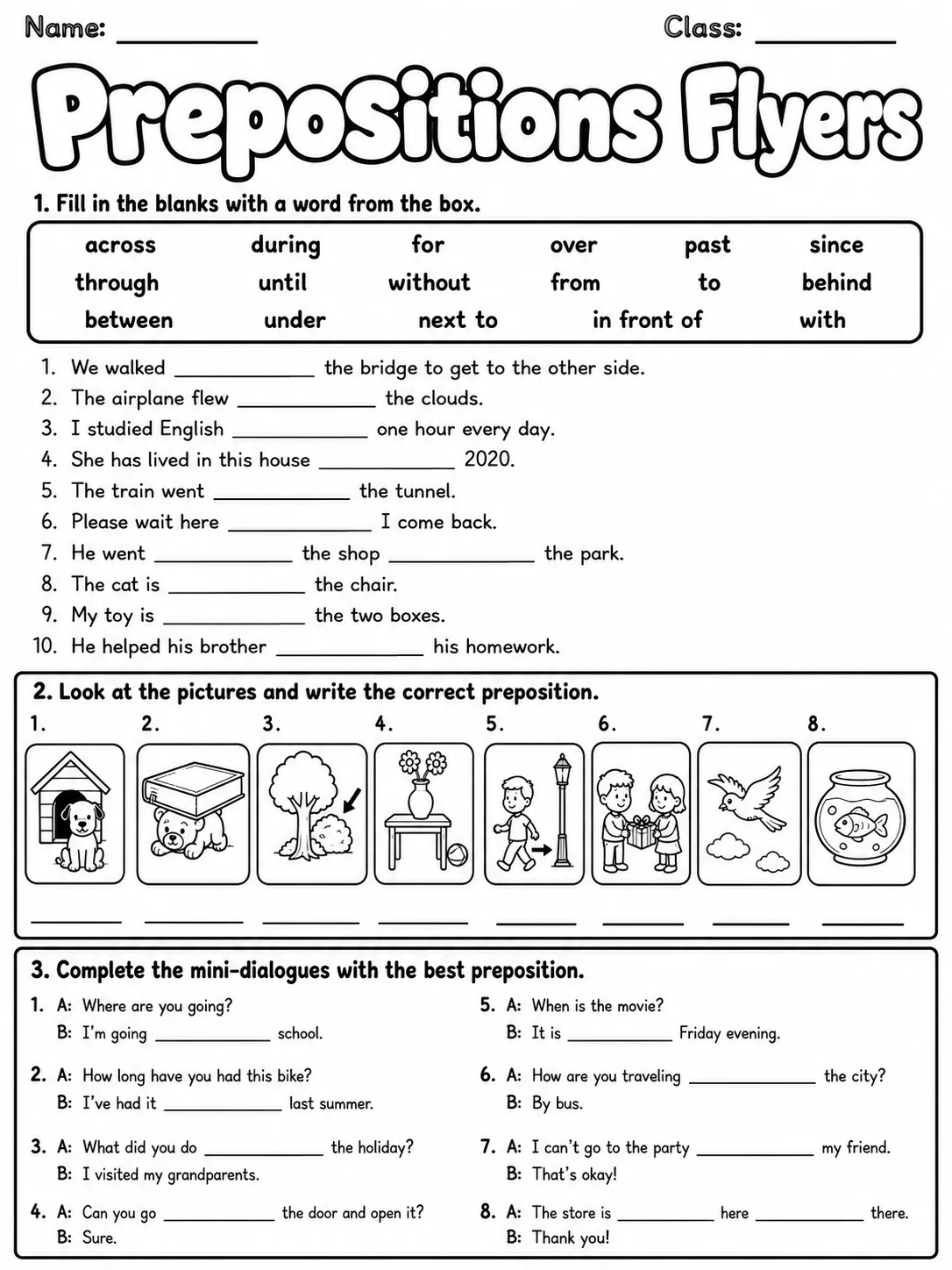 Prepositions Flyers Vocabulary Worksheet Pack page 2 printable worksheet preview