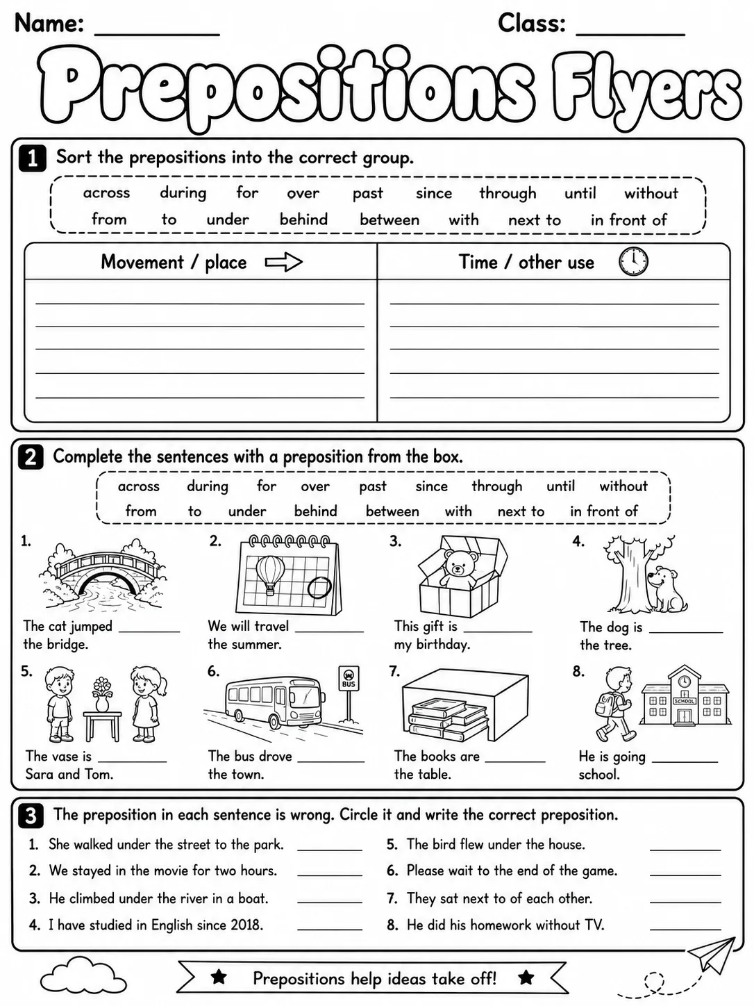 Prepositions Flyers Vocabulary Worksheet Pack page 3 printable worksheet preview