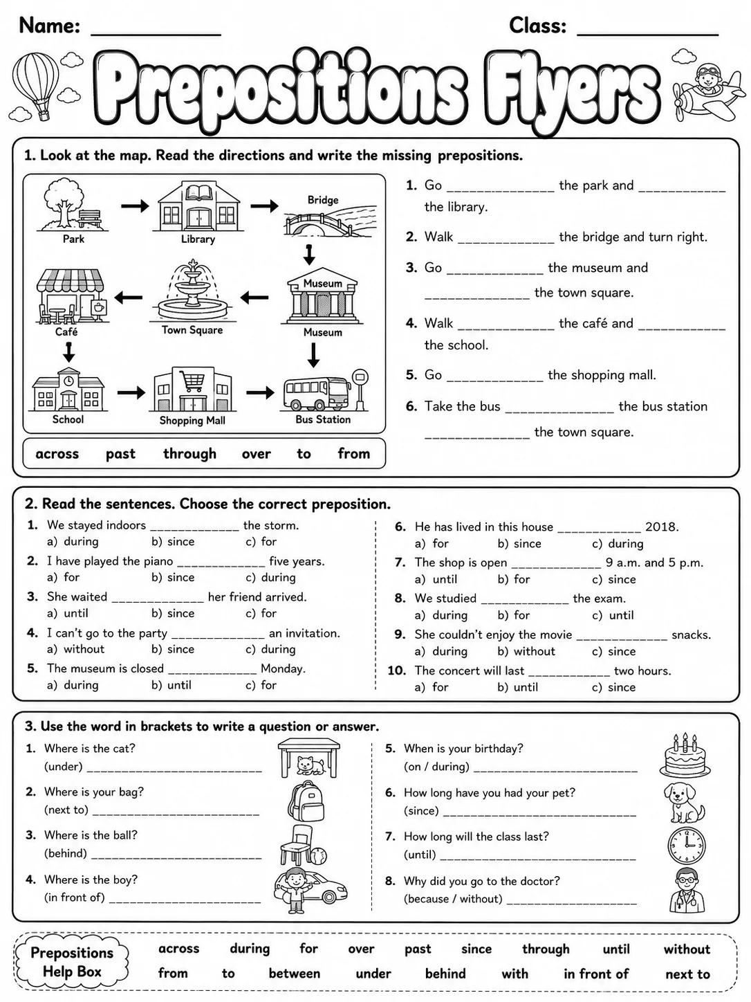 Prepositions Flyers Vocabulary Worksheet Pack page 4 printable worksheet preview