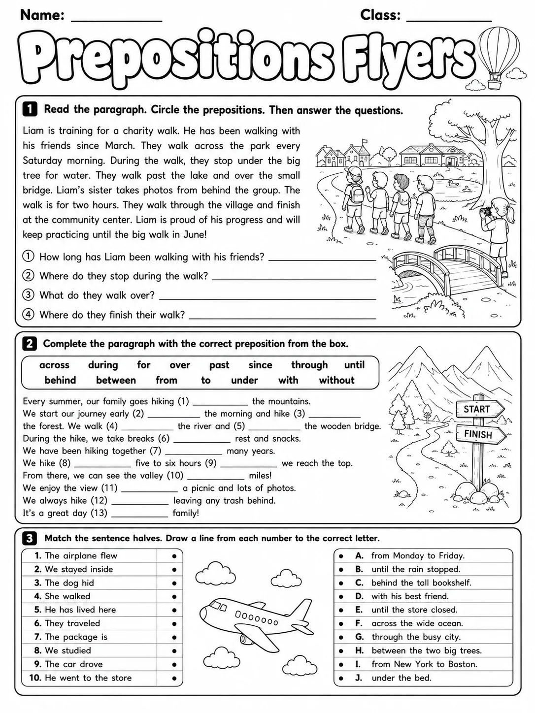 Prepositions Flyers Vocabulary Worksheet Pack page 5 printable worksheet preview