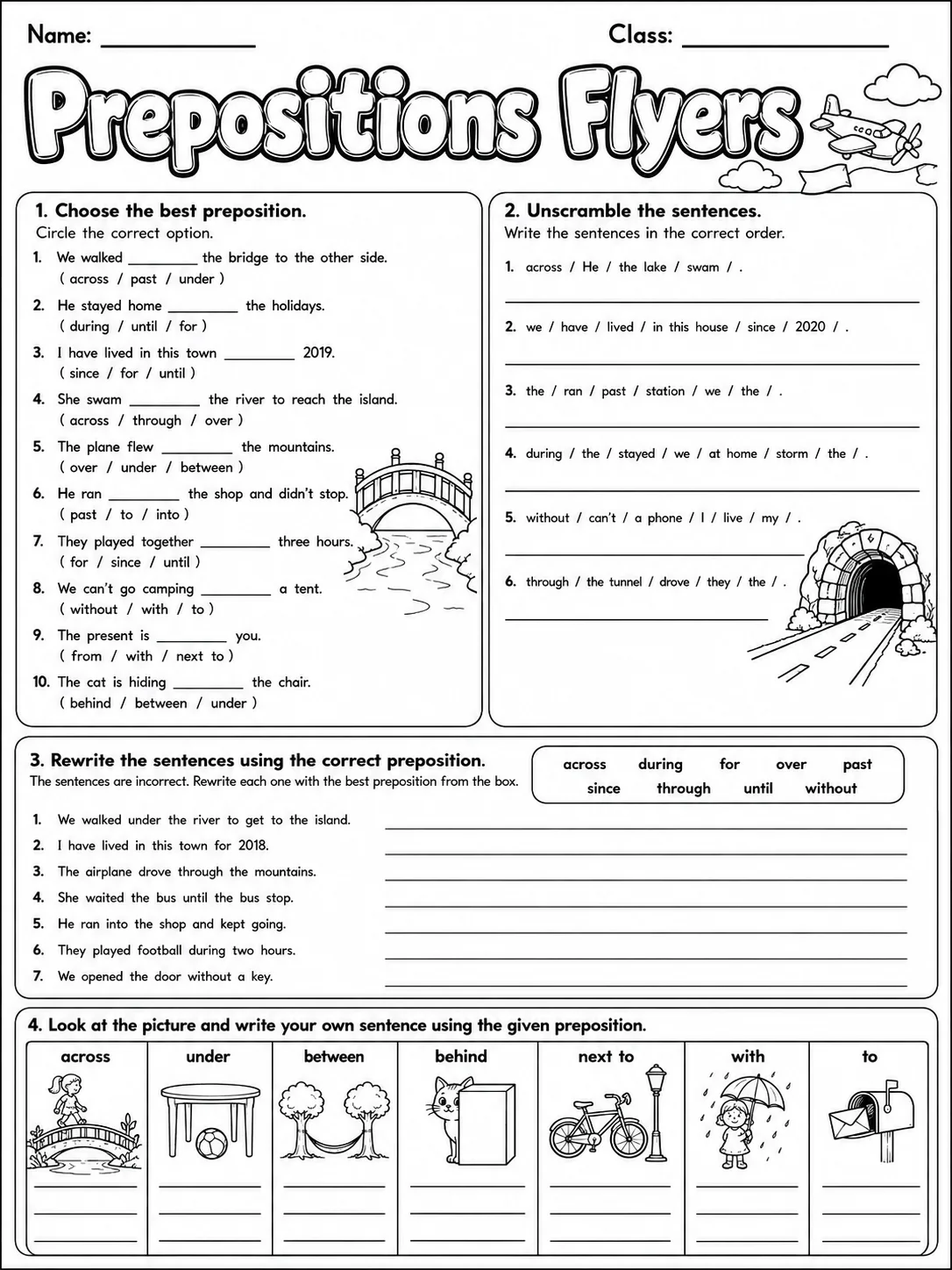 Prepositions Flyers Vocabulary Worksheet Pack page 6 printable worksheet preview