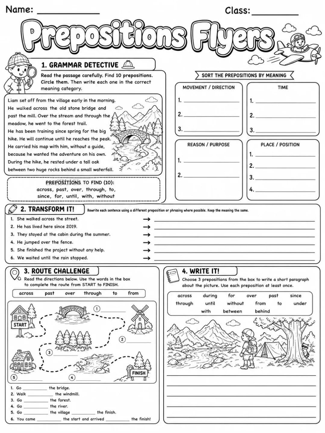 Prepositions Flyers Vocabulary Worksheet Pack page 8 printable worksheet preview