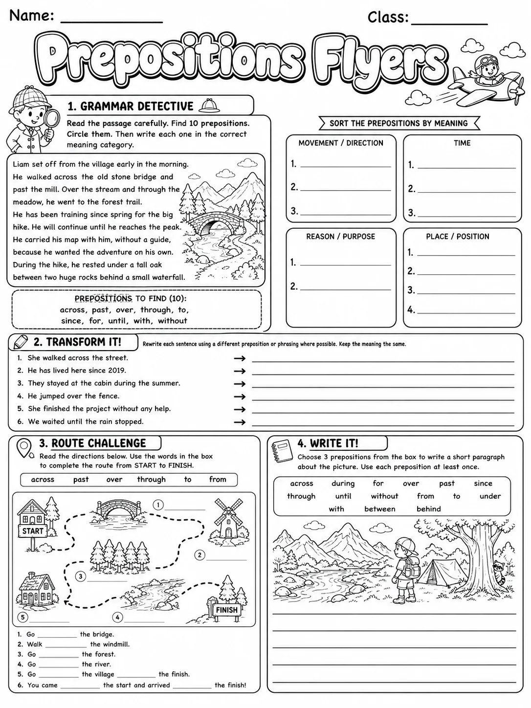Prepositions Flyers Vocabulary Worksheet Pack page 8 printable worksheet preview
