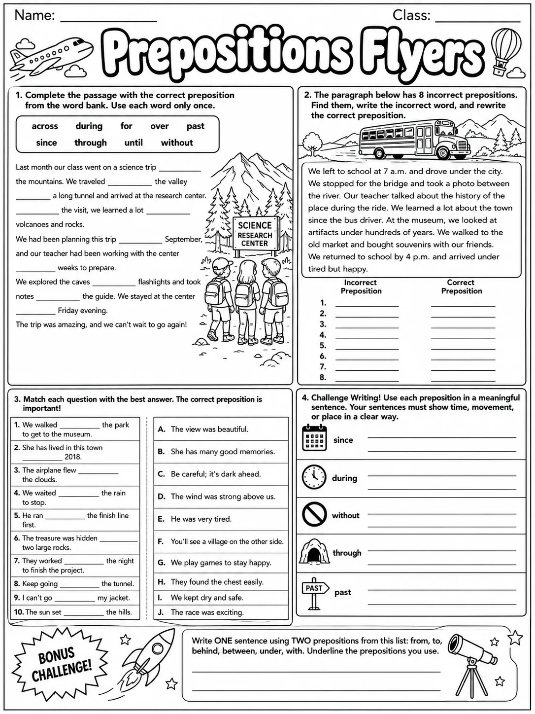 Prepositions Flyers Vocabulary Worksheet Pack page 9 printable worksheet preview
