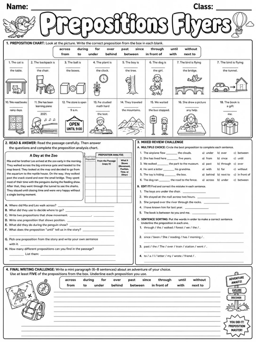 Prepositions Flyers Vocabulary Worksheet Pack page 10 printable worksheet preview
