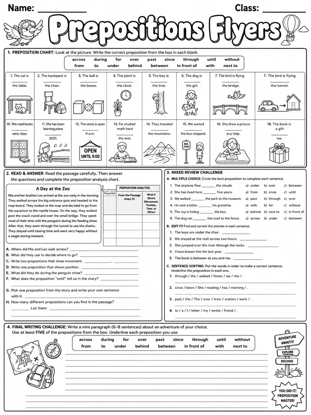 Prepositions Flyers Vocabulary Worksheet Pack page 10 printable worksheet preview