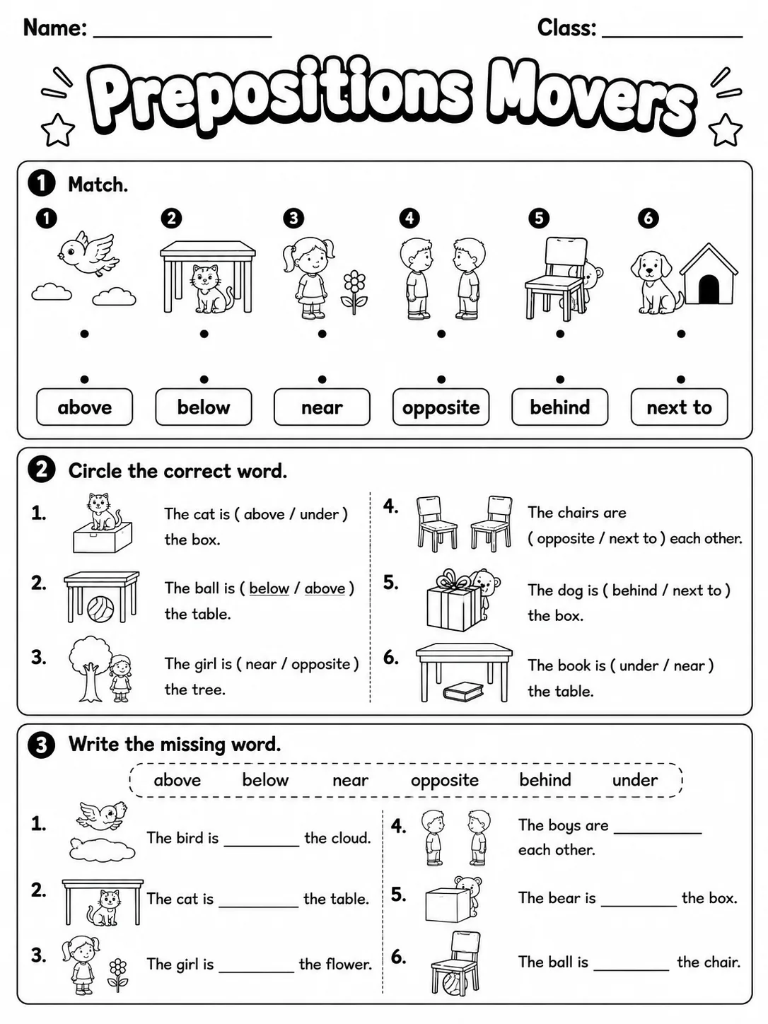 Prepositions Movers Vocabulary Worksheet Pack printable Movers English worksheet bundle preview from KiwiBee