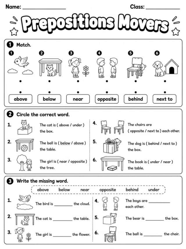 Prepositions Movers Vocabulary Worksheet Pack