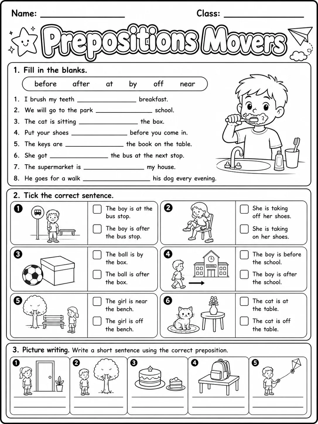 Prepositions Movers Vocabulary Worksheet Pack page 3 printable worksheet preview
