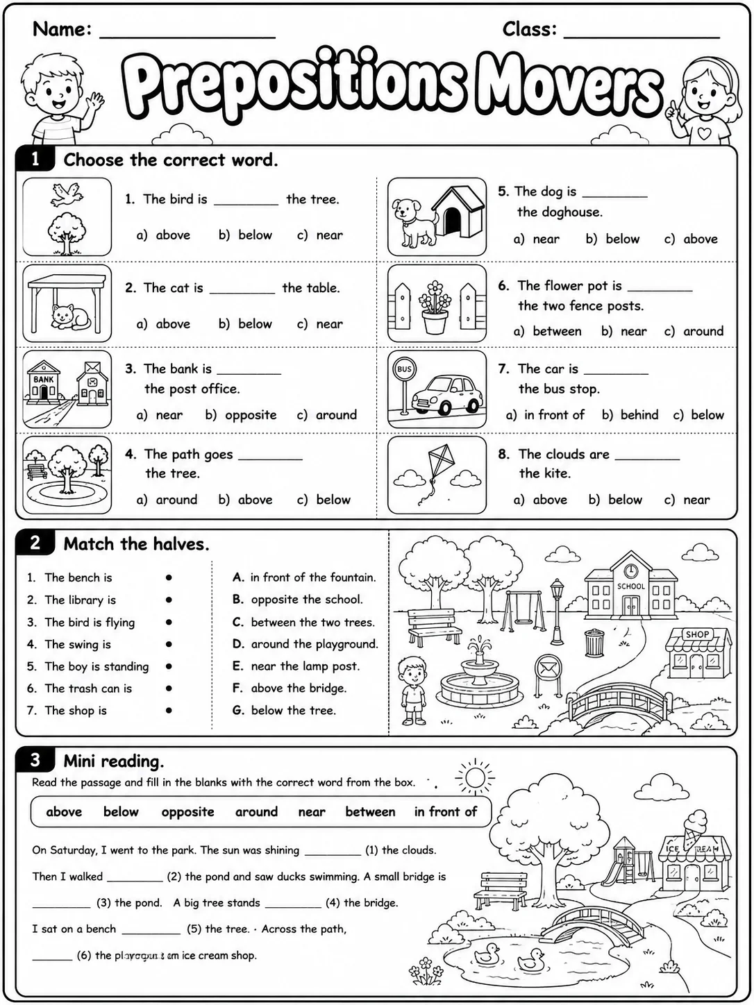 Prepositions Movers Vocabulary Worksheet Pack page 4 printable worksheet preview
