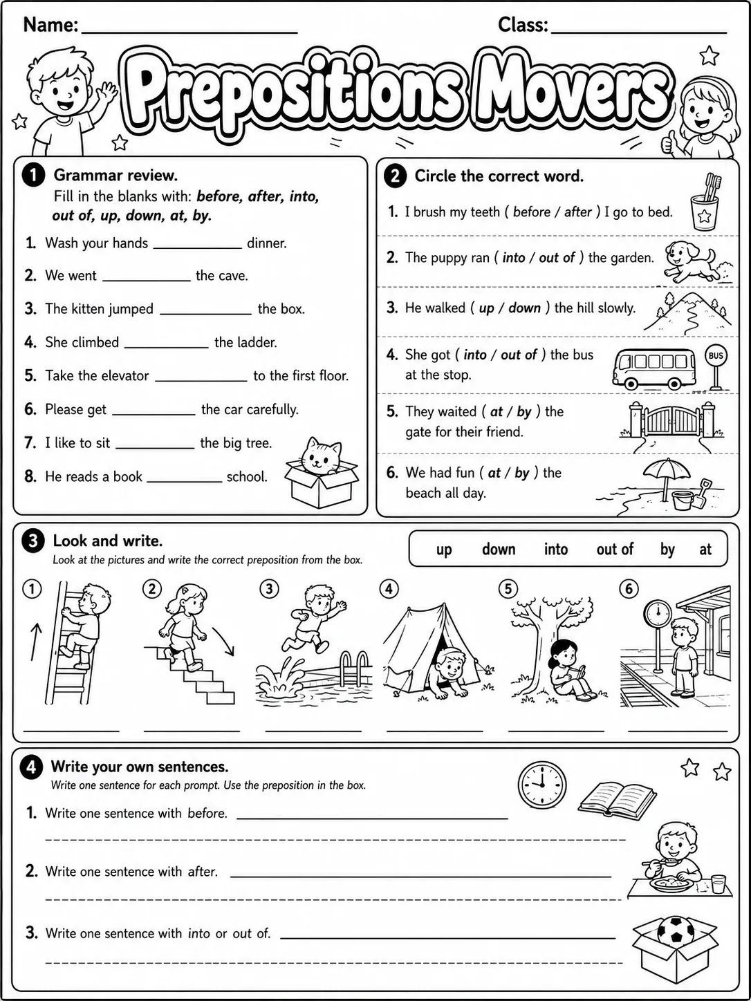 Prepositions Movers Vocabulary Worksheet Pack page 5 printable worksheet preview