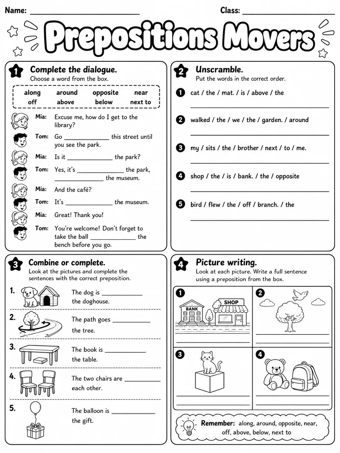 Prepositions Movers Vocabulary Worksheet Pack page 6 printable worksheet preview