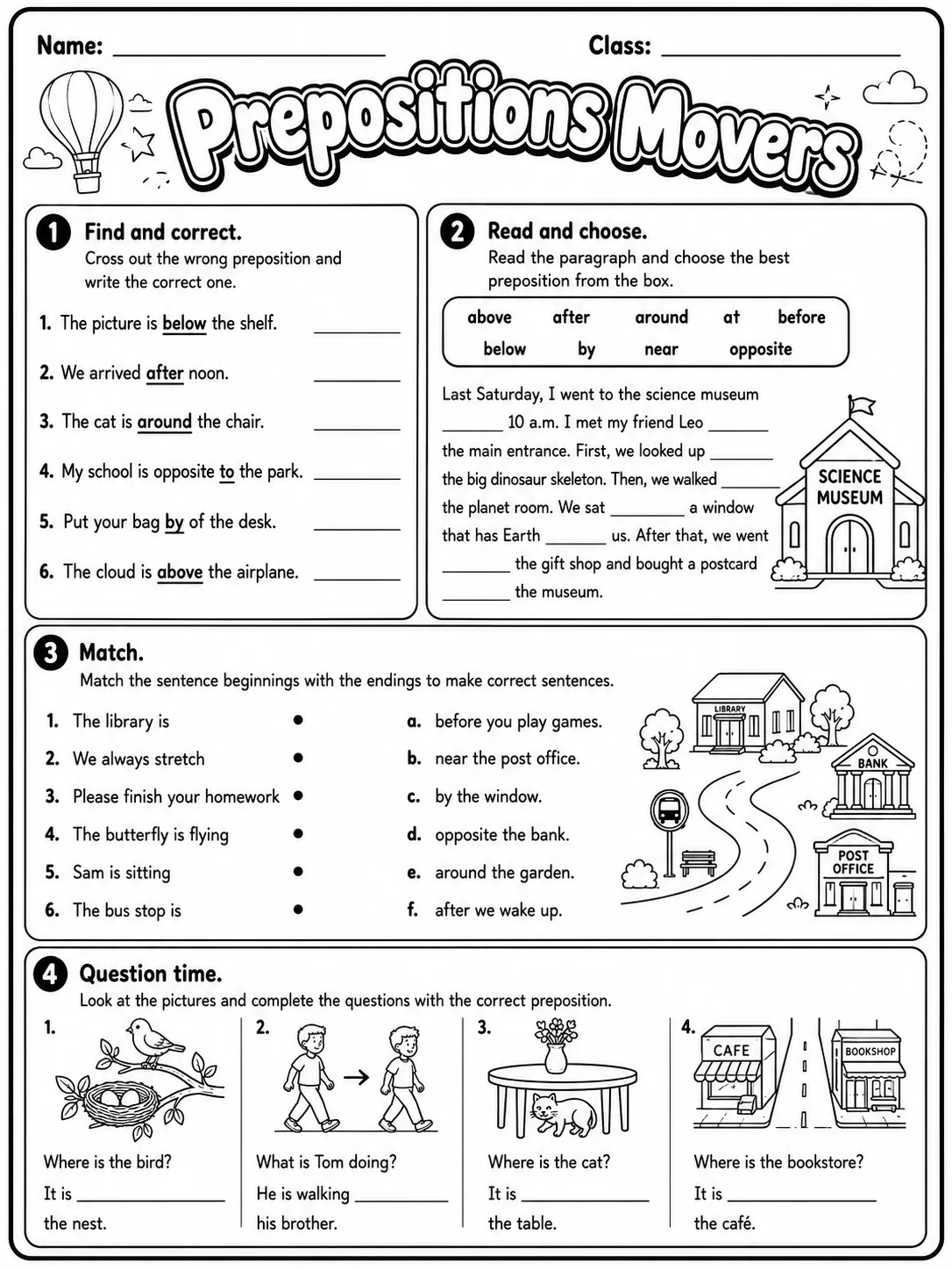 Prepositions Movers Vocabulary Worksheet Pack page 7 printable worksheet preview