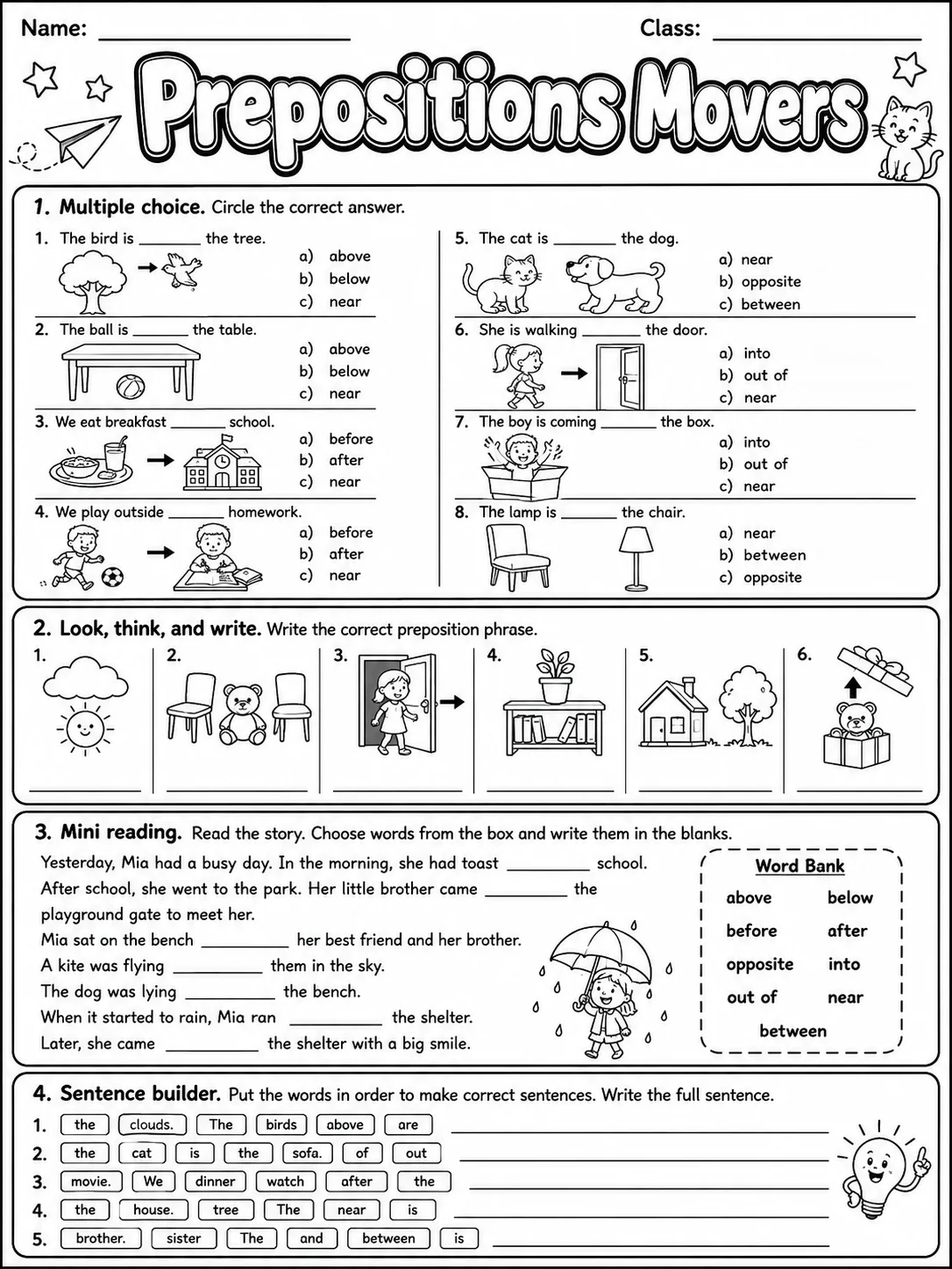 Prepositions Movers Vocabulary Worksheet Pack page 9 printable worksheet preview