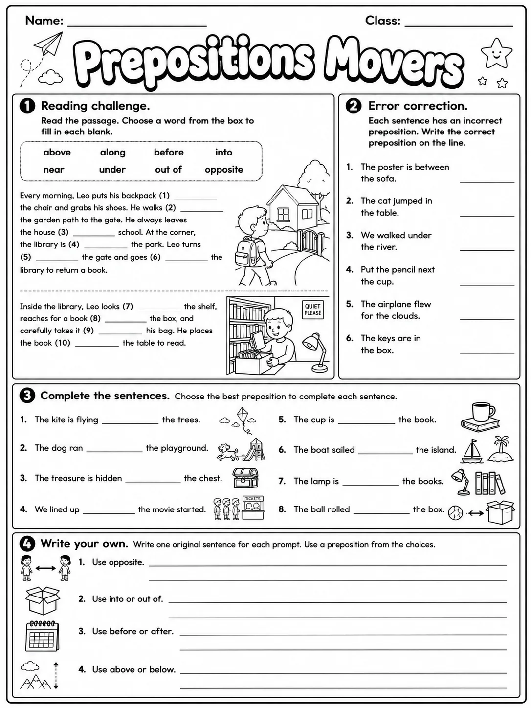 Prepositions Movers Vocabulary Worksheet Pack page 10 printable worksheet preview