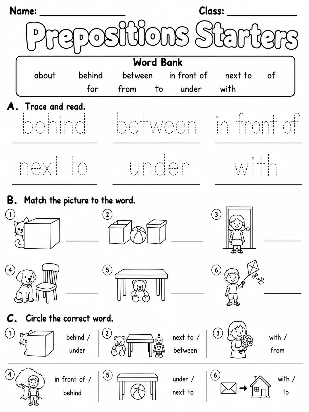 Prepositions Starters Vocabulary Worksheet Pack printable Starters English worksheet bundle preview from KiwiBee
