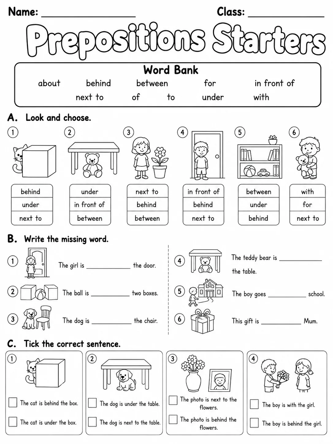 Prepositions Starters Vocabulary Worksheet Pack page 2 printable worksheet preview