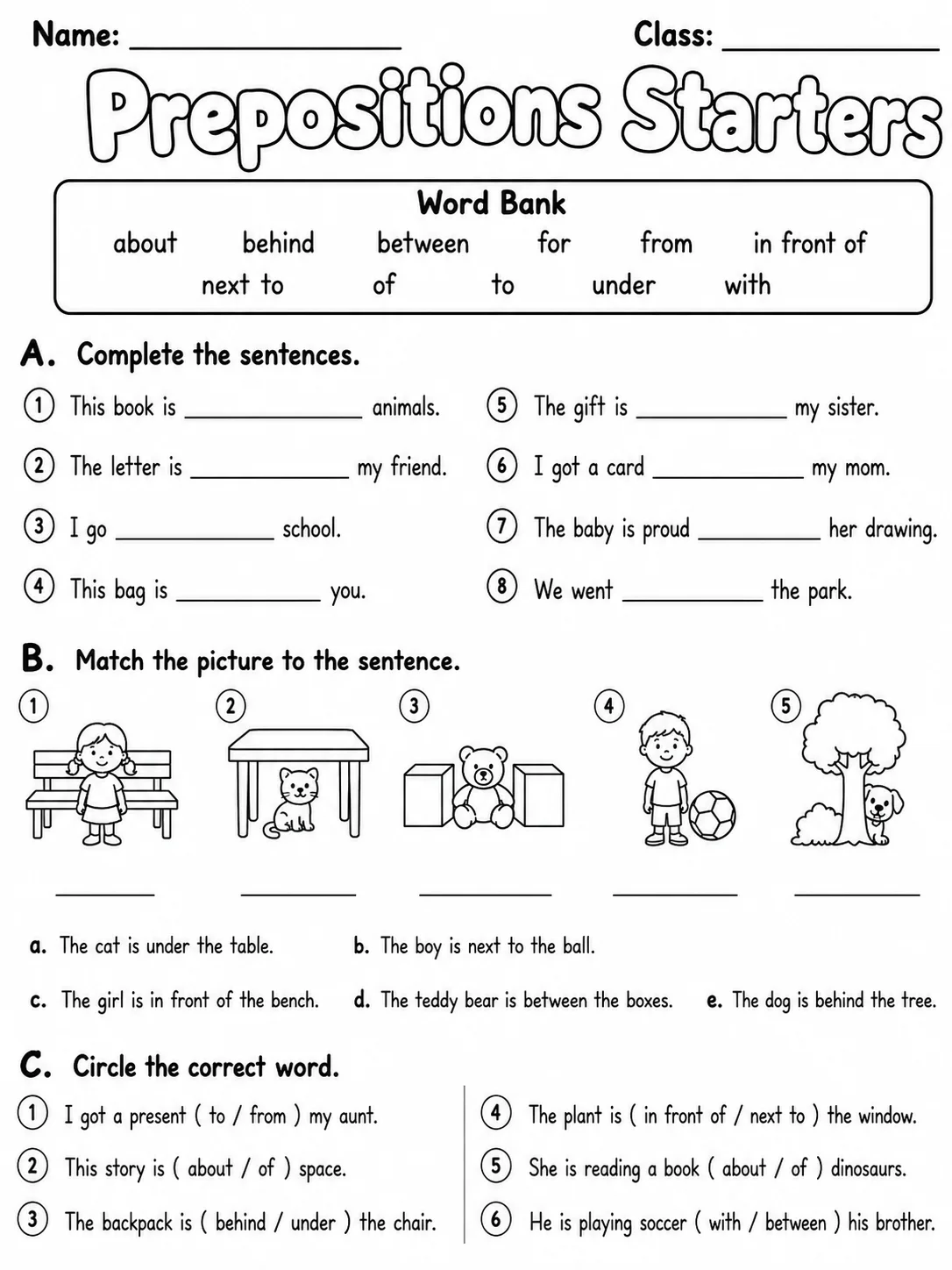 Prepositions Starters Vocabulary Worksheet Pack page 3 printable worksheet preview