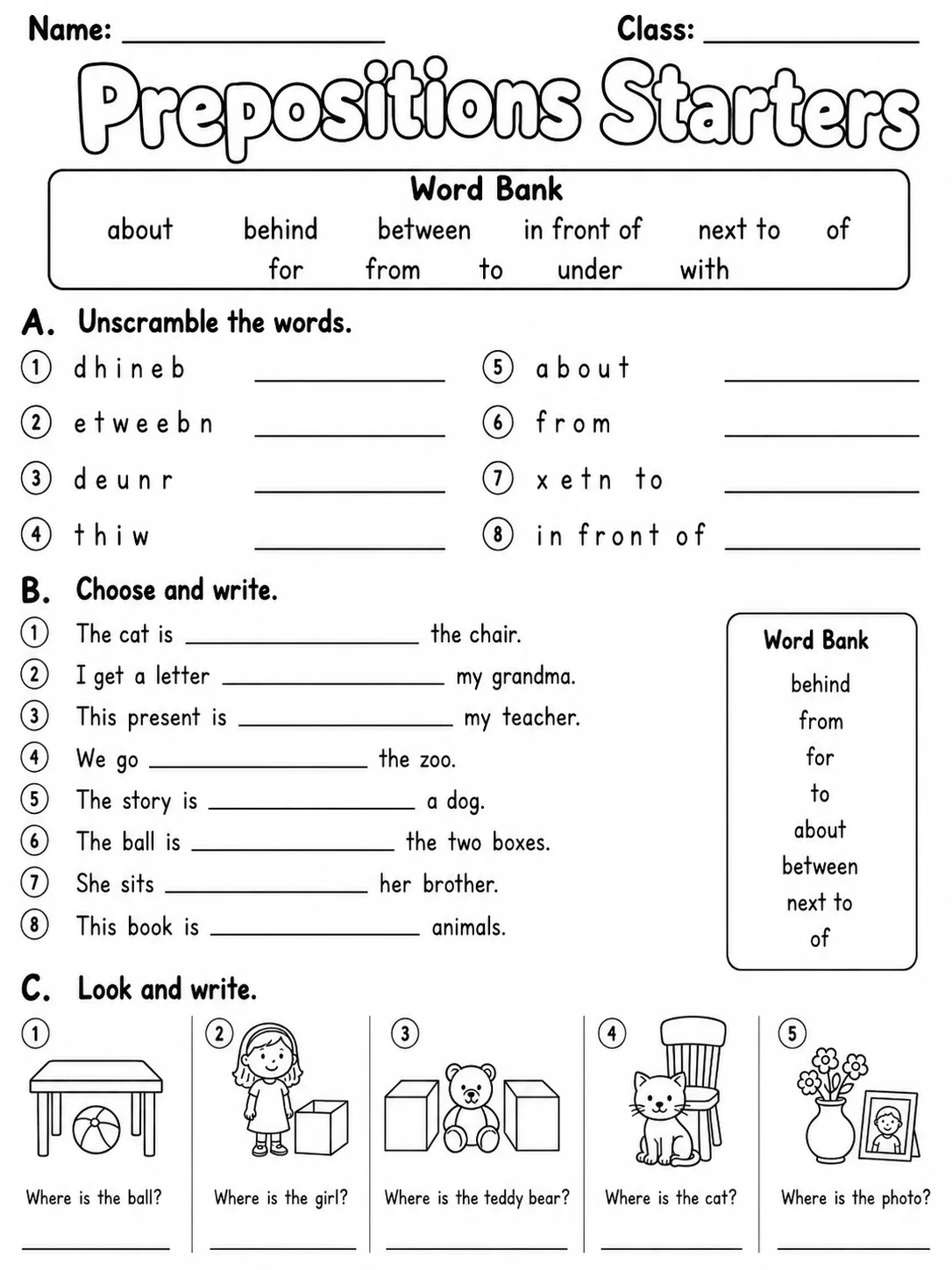 Prepositions Starters Vocabulary Worksheet Pack page 4 printable worksheet preview