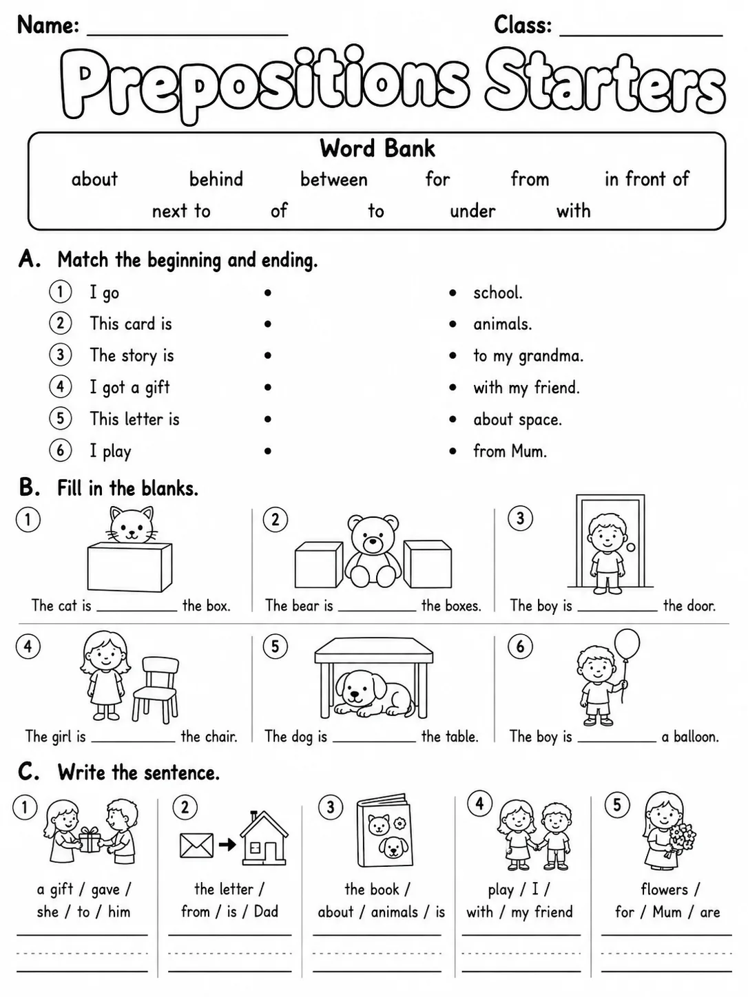 Prepositions Starters Vocabulary Worksheet Pack page 5 printable worksheet preview