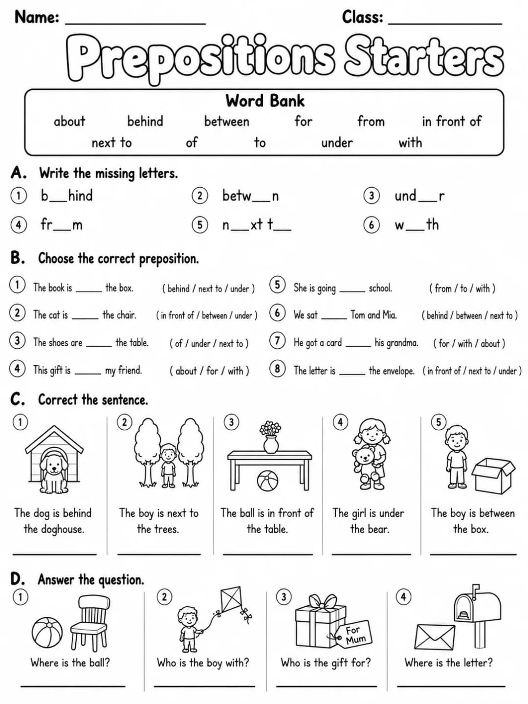 Prepositions Starters Vocabulary Worksheet Pack page 6 printable worksheet preview
