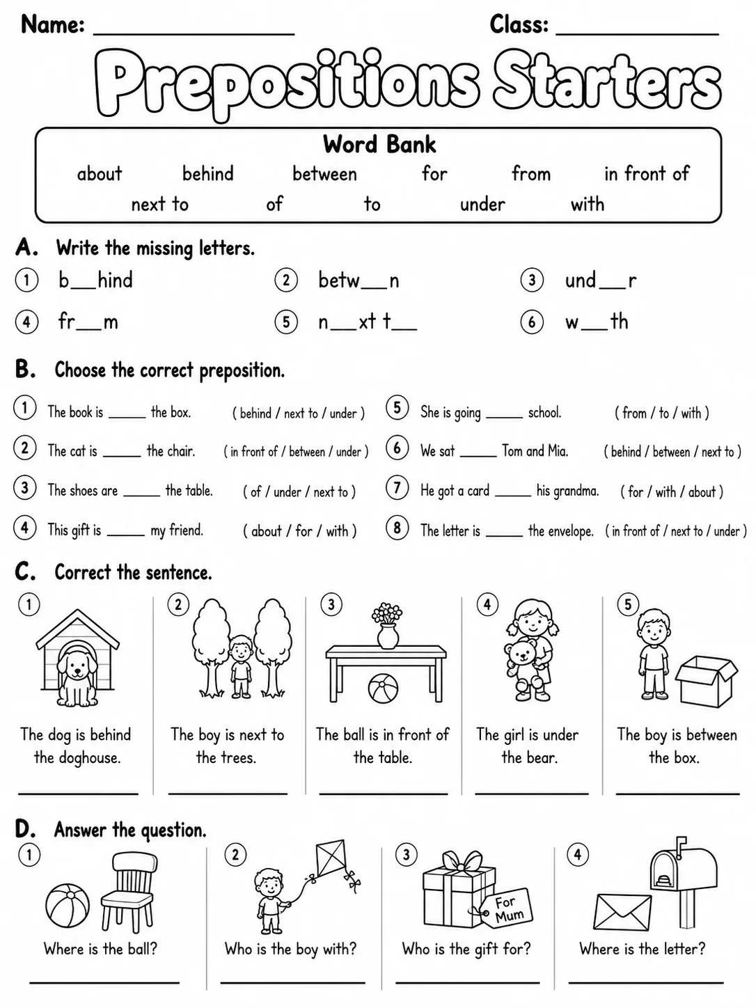 Prepositions Starters Vocabulary Worksheet Pack page 6 printable worksheet preview