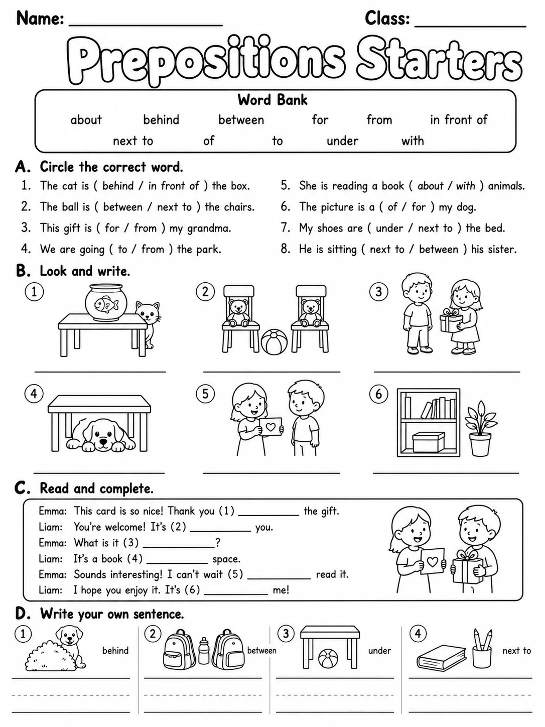 Prepositions Starters Vocabulary Worksheet Pack page 7 printable worksheet preview