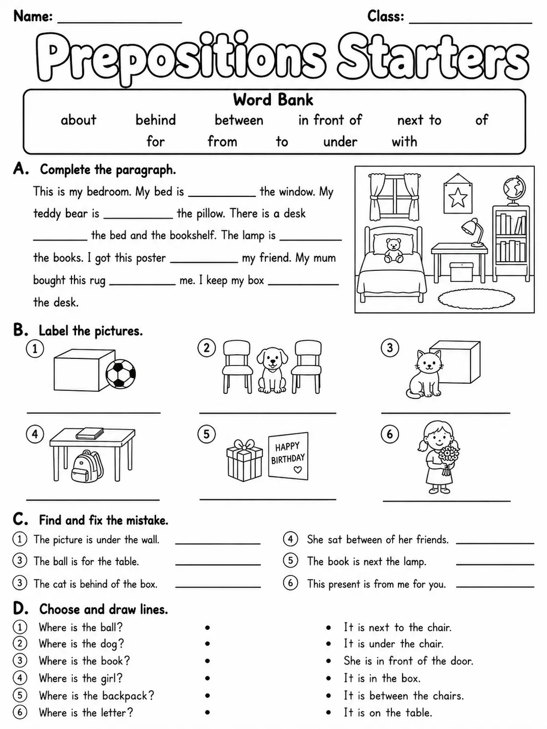 Prepositions Starters Vocabulary Worksheet Pack page 8 printable worksheet preview