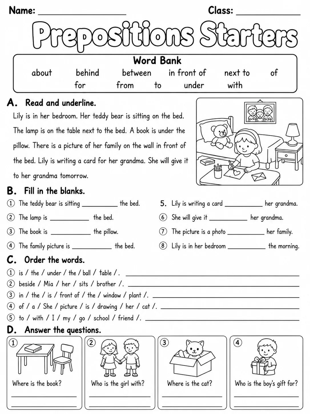 Prepositions Starters Vocabulary Worksheet Pack page 9 printable worksheet preview