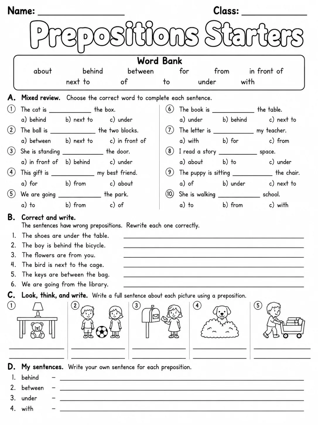 Prepositions Starters Vocabulary Worksheet Pack page 10 printable worksheet preview
