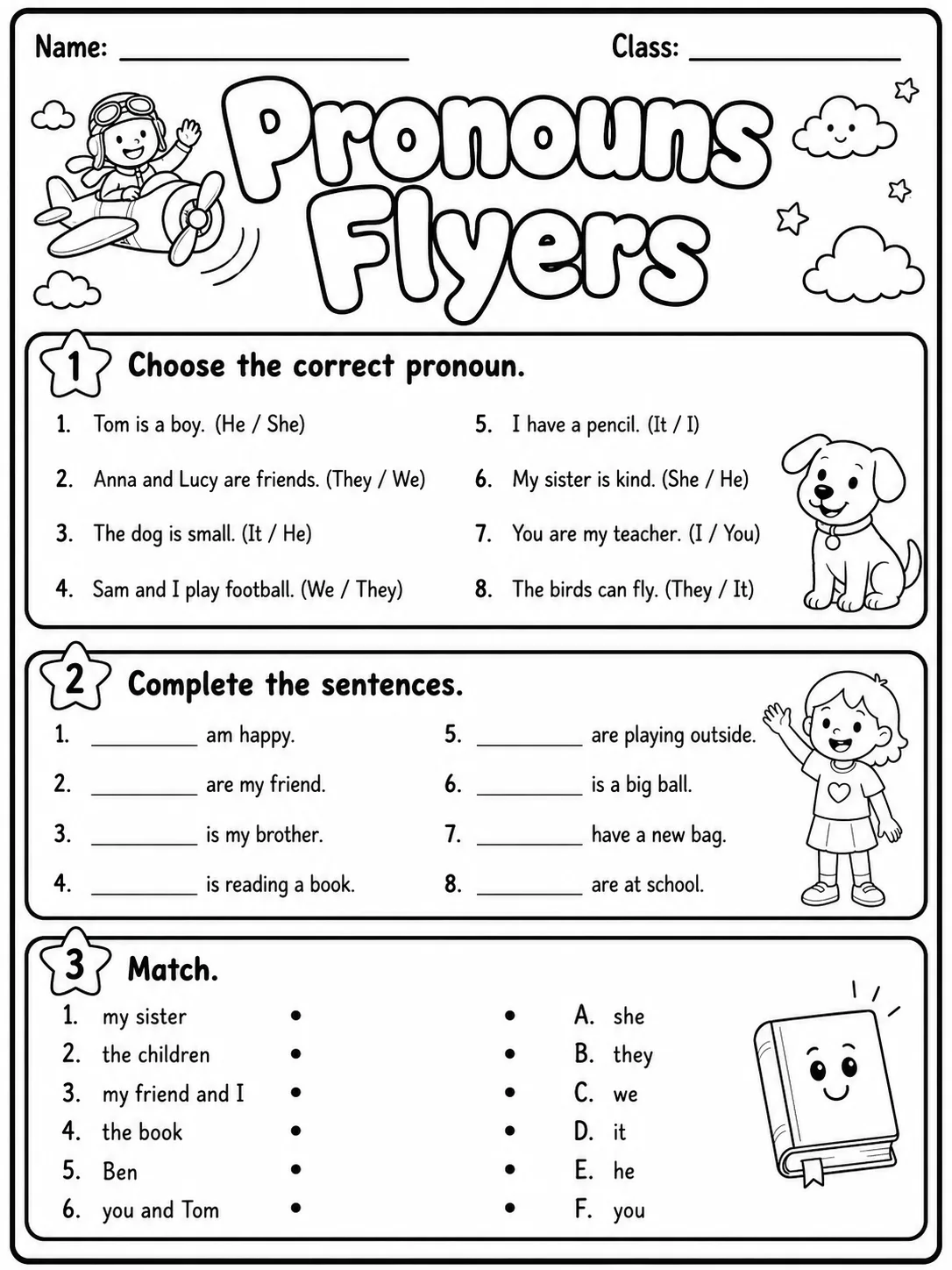 Pronouns Flyers Vocabulary Worksheet Pack printable Flyers English worksheet bundle preview from KiwiBee