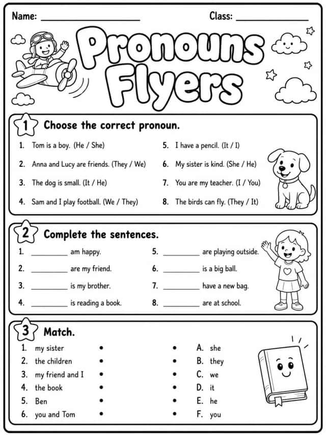 Pronouns Flyers Vocabulary Worksheet Pack