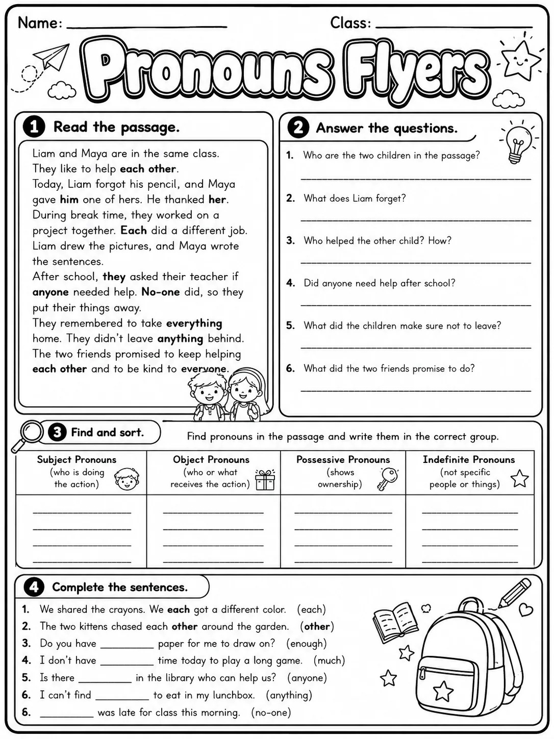 Pronouns Flyers Vocabulary Worksheet Pack page 6 printable worksheet preview