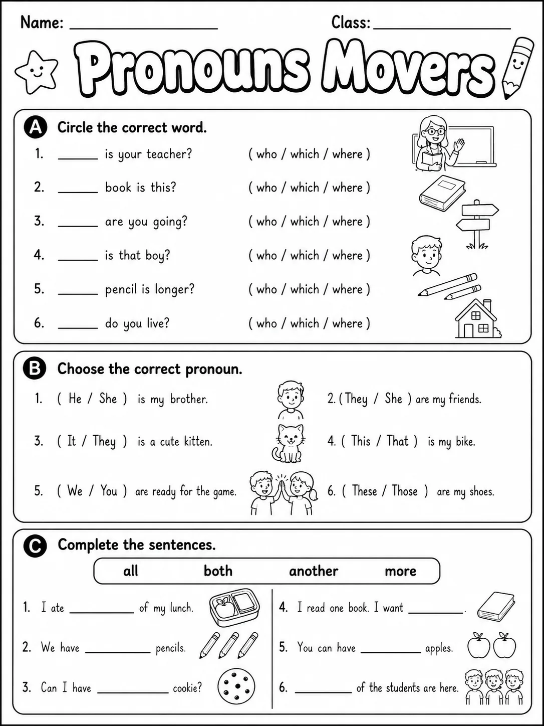Pronouns Movers Vocabulary Worksheet Pack printable Movers English worksheet bundle preview from KiwiBee