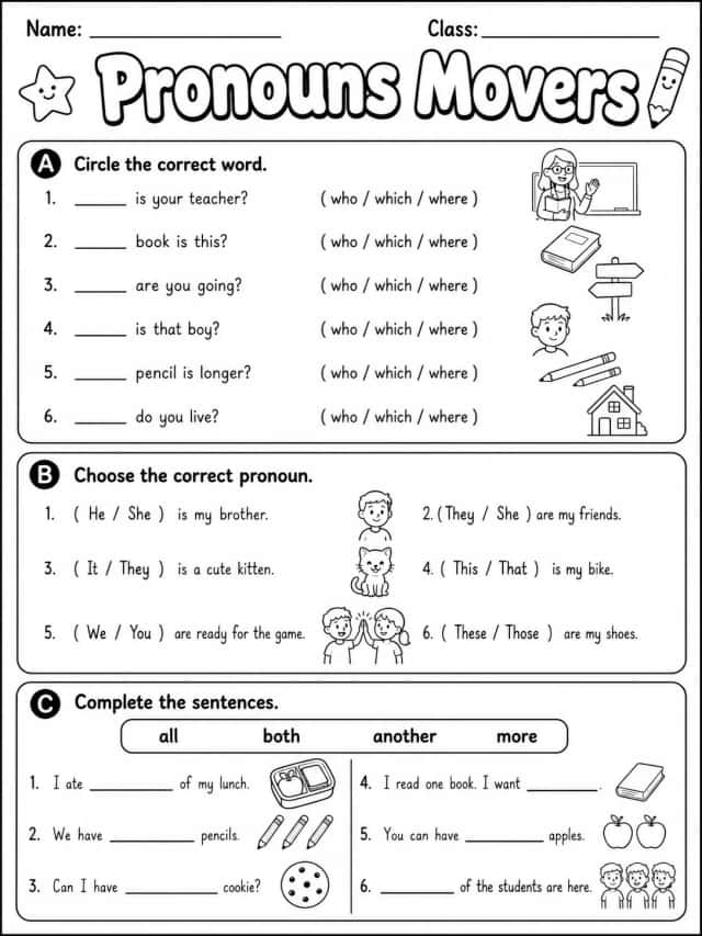 Pronouns Movers Vocabulary Worksheet Pack