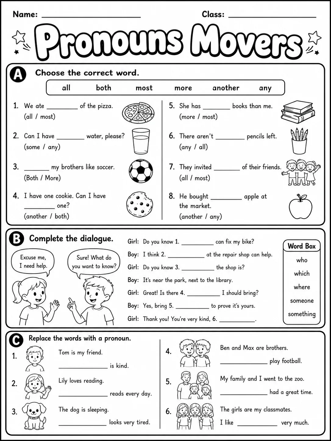 Pronouns Movers Vocabulary Worksheet Pack page 4 printable worksheet preview