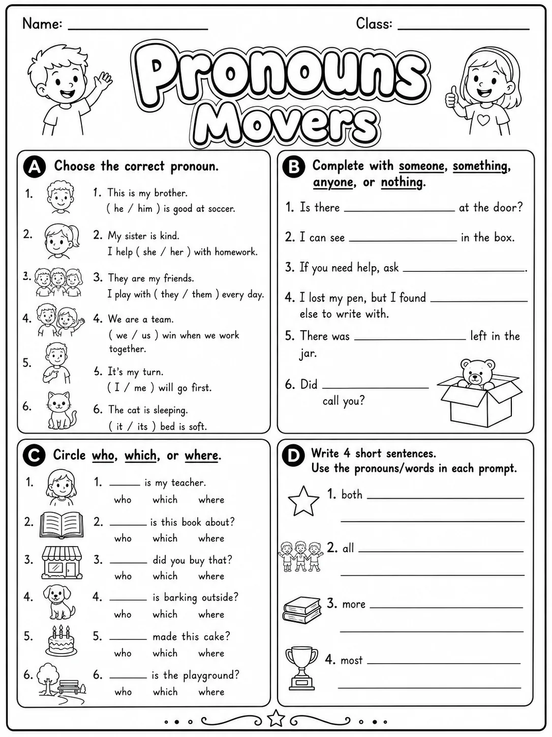 Pronouns Movers Vocabulary Worksheet Pack page 6 printable worksheet preview