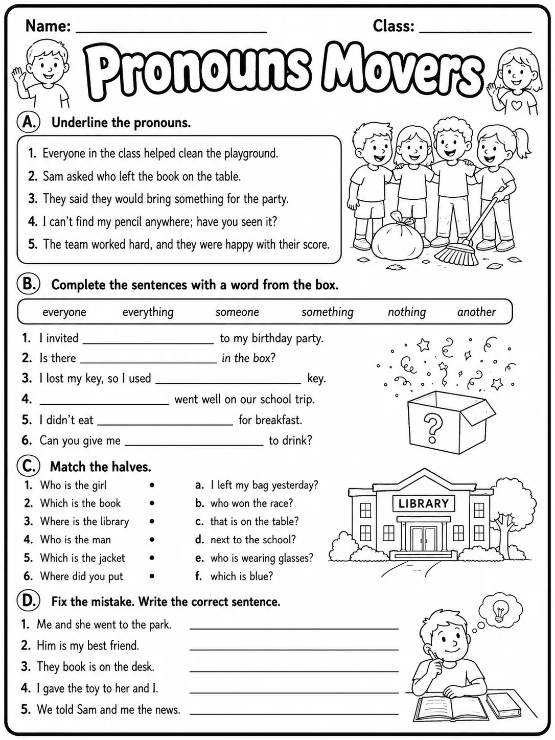 Pronouns Movers Vocabulary Worksheet Pack page 7 printable worksheet preview
