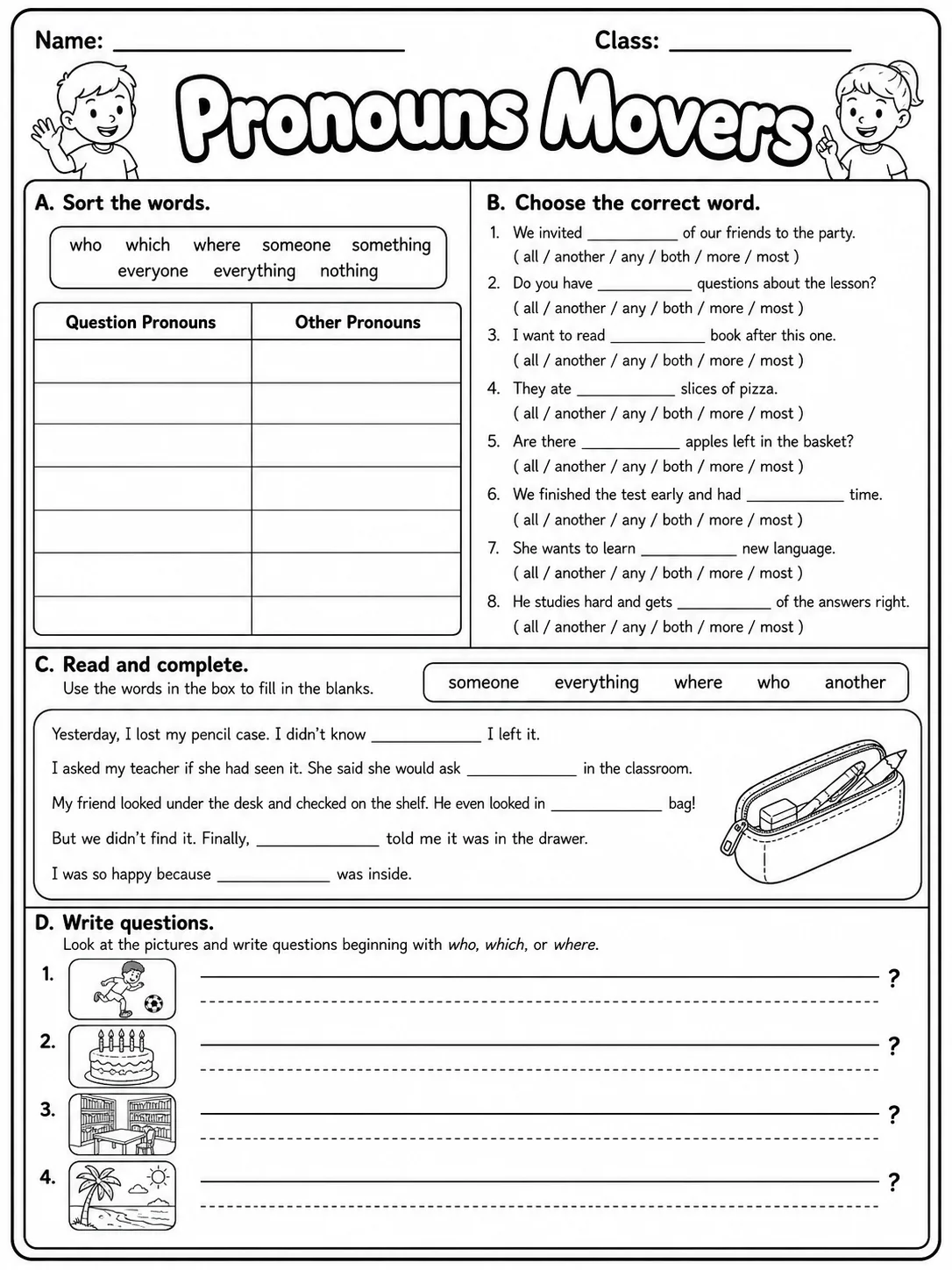 Pronouns Movers Vocabulary Worksheet Pack page 8 printable worksheet preview